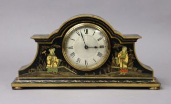 An Edwardian mantel timepiece retailed by Mallory, Bath, in black & gilt chinoiserie lacquer dome-