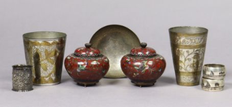 Three Eastern white-metal napkin rings; a similar bowl & two beakers; & a pair of cloisonné vases.