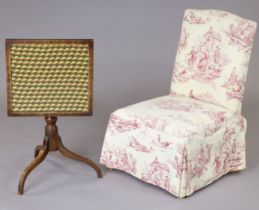 A Victorian oak small tripod table inset needlework chessboard to the glazed rectangular tilt-top,