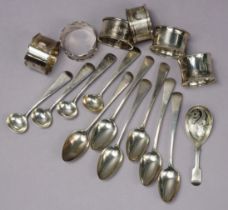 Six various silver napkin rings; a set of six silver teaspoons; four other silver spoons; & a silver