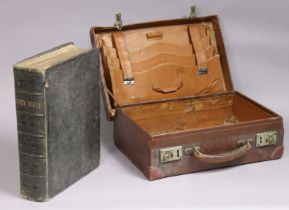 A vintage leather-bound Bible; & a vintage tan leather small suitcase, 35.25cm wide.