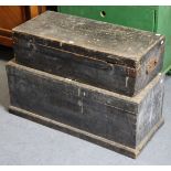 Two vintage black painted deal tool chests, 84cm & 76cm wide, containing various hand tools; &