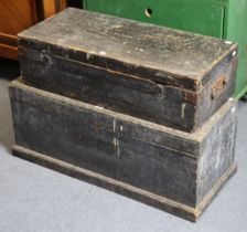 Two vintage black painted deal tool chests, 84cm & 76cm wide, containing various hand tools; &