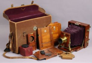 A late 19th century mahogany plate camera by J. Lancaster & Son of Birmingham (dated 1894), with