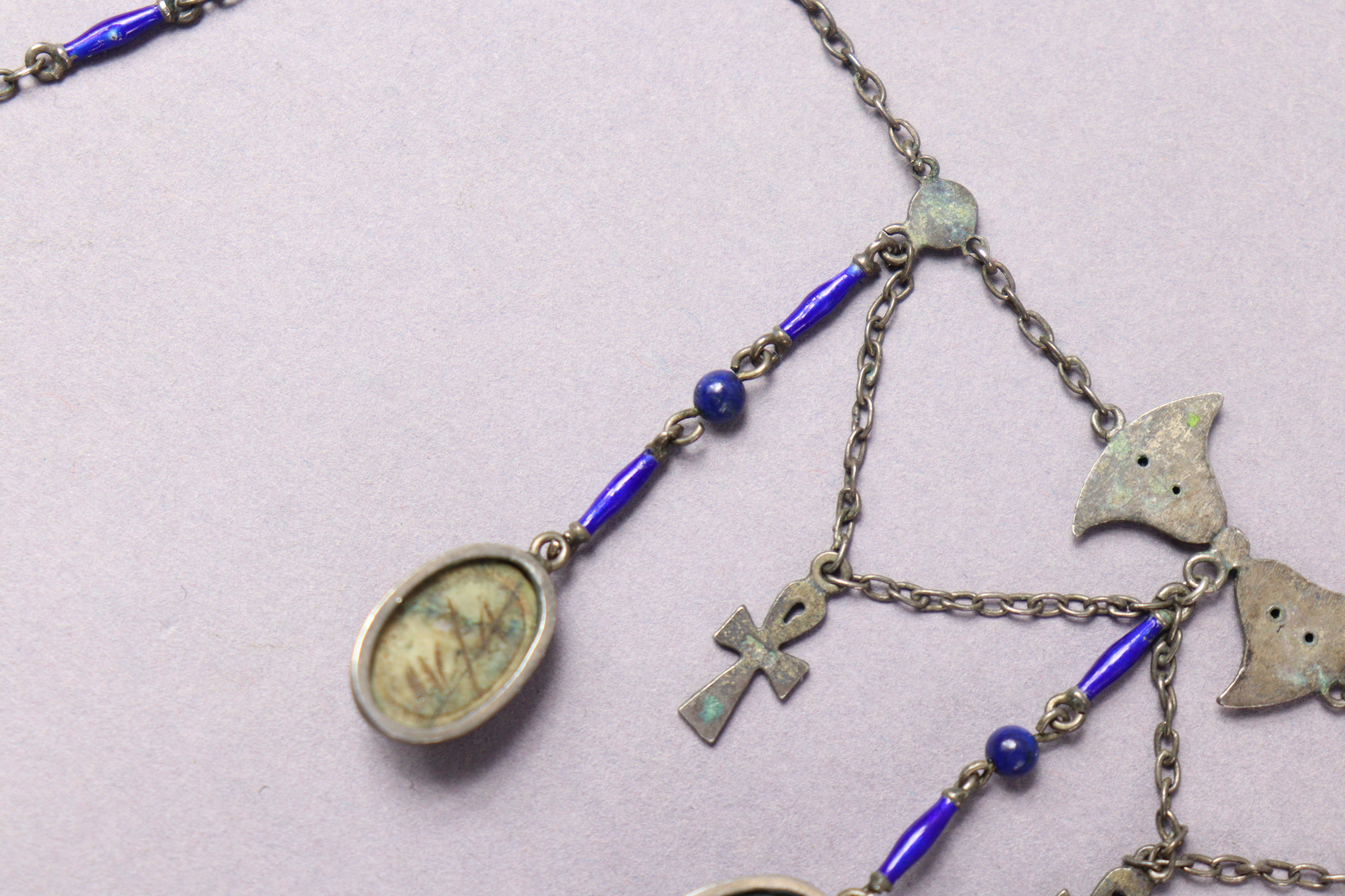 An Egyptian silver & enamel necklace with three scarab pendants, 37cm long. - Image 3 of 5