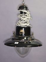 A vintage Ilios-Type (Italian) black enamelled industrial ceiling light with a clear-glass shade,