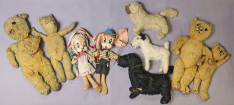 A pair of cloth boy & girl character figures, 37cm high; together with seven various animal soft