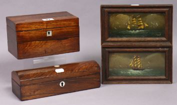A Victorian rosewood two-division tea caddy, 19cm wide; a ditto trinket box, 24cm wide; & a pair
