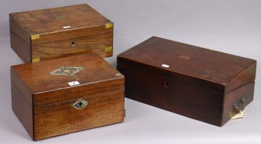 A 19th century mother-of-pearl inlaid rosewood writing box, 30cm wide; & two 19th century writing
