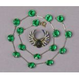 An 800 standard silver & enamel ‘Scarab’ brooch; & a green paste-set choker.