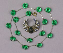 An 800 standard silver & enamel ‘Scarab’ brooch; & a green paste-set choker.