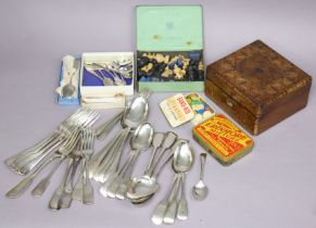 Various items of plated cutlery; together with a wooden trinket box; a part chess set, etc.