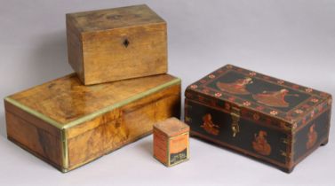 A 19th century brass-inlaid walnut writing box with a hinged lift-lid, 39.5cm wide; an eastern