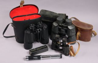 Three pairs of binoculars, all cased; & a 10x25mm hand telescope, boxed.