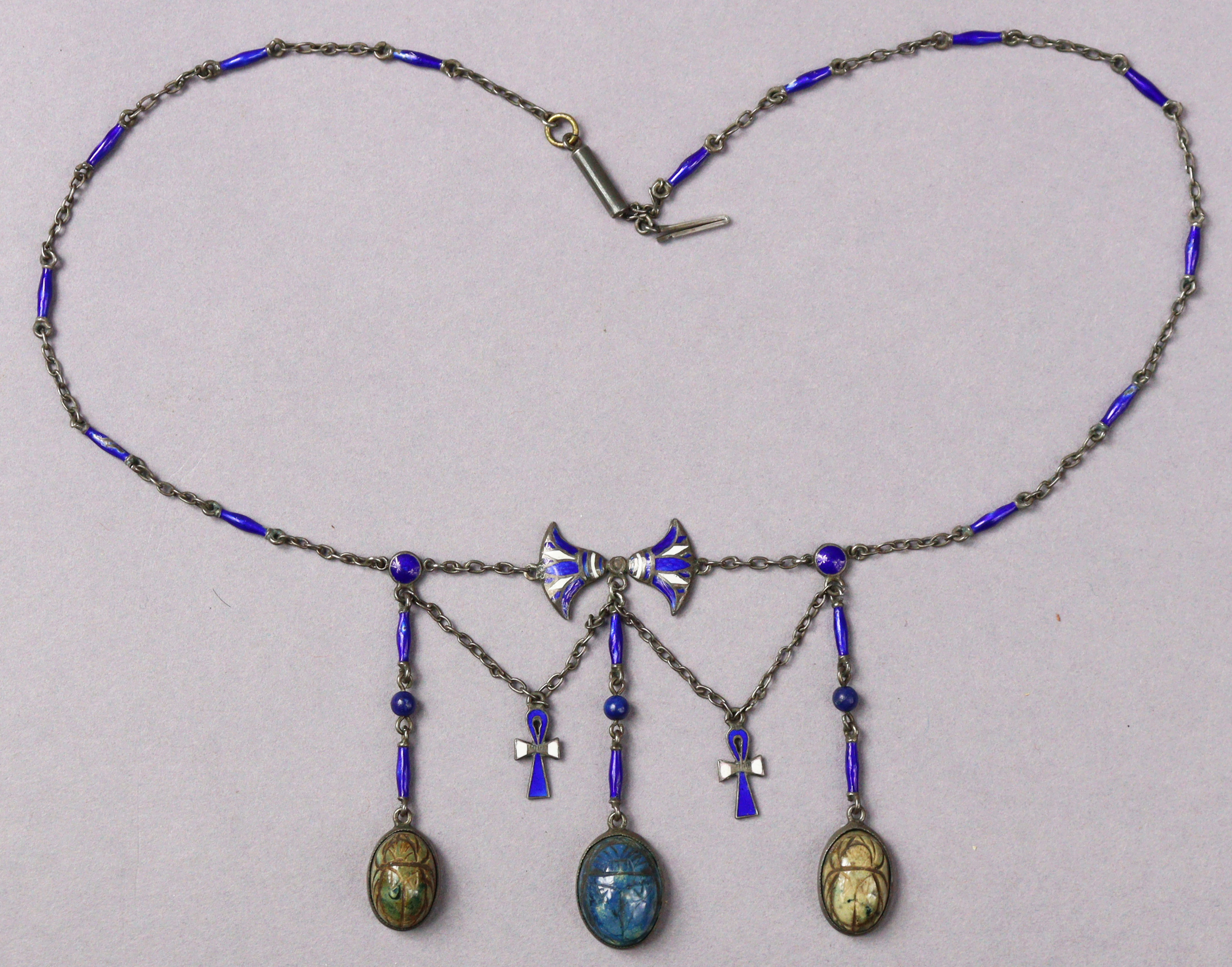 An Egyptian silver & enamel necklace with three scarab pendants, 37cm long. - Image 4 of 5