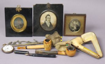 Three portrait miniatures, all framed; a Conway Stewart “No 286” fountain pen; three smoker’s pipes,