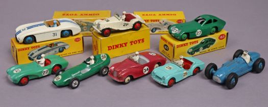 Four Dinky die-cast scale model sports cars “Aston Martin DB3” (No. 110), “Bristol 450” (No.