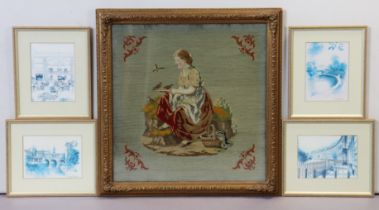 A late 19th/early 20th century needlework picture depicting a seated female figure feeding birds