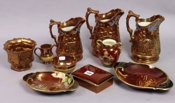 Four Carlton Ware “Rouge Royale” ornaments; & six items of Victorian copper lusterware.