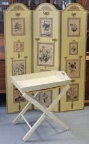 A painted wooden decoupage tall three-fold draught screen, 160cm high; & a cream painted wooden,