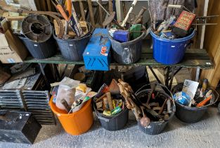 Various assorted hand tools & gardening tools; together with two trunks & sundry other items.