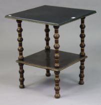 A 19th century & later ebonised wooden square two-tier occasional table on painted bobbin-turned