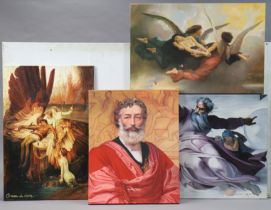 Four other modern oil paintings on canvas – all religious figure scenes (various sizes), unframed.