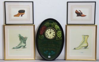 A modern French battery-operated wall clock, 65cm x 43cm; together with six coloured prints, &