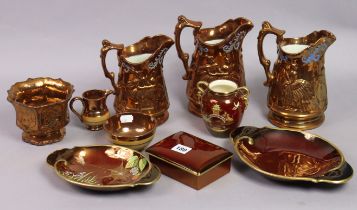 Four Carton Ware “Rouge Royale” ornaments; & six items of Victorian copper lusterware.
