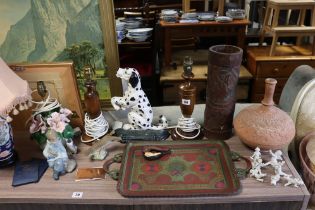 Four table lamp bases; two cast-iron novelty doorstops; various pictures; & sundry other items.