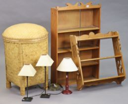 Two sets of pine wall shelves, 61cm x 101.5cm, & 60cm x 66cm; a 'Bakul Rotan' rattan laundry basket;