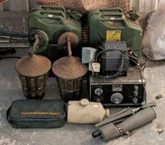 A Trio communications receiver (model JR 5005); a pair of jerry cans; a pair of wall lanterns &