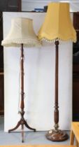 A regency-style mahogany standard lamp on a vase-turned centre column & three splay legs; &