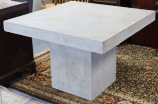 A Flamant simulated concrete square dining table on a plinth base, 110cm wide x 76.5cm high; & a set