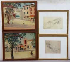 A pair of framed coloured prints after George Muris; two other prints after Degas & Reubens; & anoth