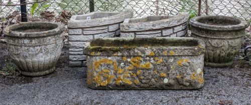 A pair of Stanford stone crescent-shaped garden urns, 60cm wide x 32 high, a pair of reconstituted-