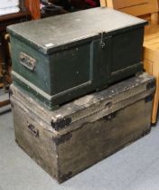 A black painted deal tool chest with a hinged lift-lid & with wrought-iron side handles, 66cm