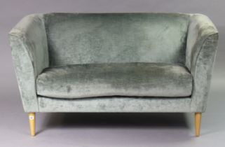 A modern two-seater sofa upholstered light grey velvet, & on short round tapered legs, 141cm long (