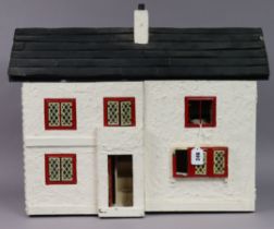 A mid-20th century painted wooden two-storey dolls house with an opening front, 68cm wide x 54cm