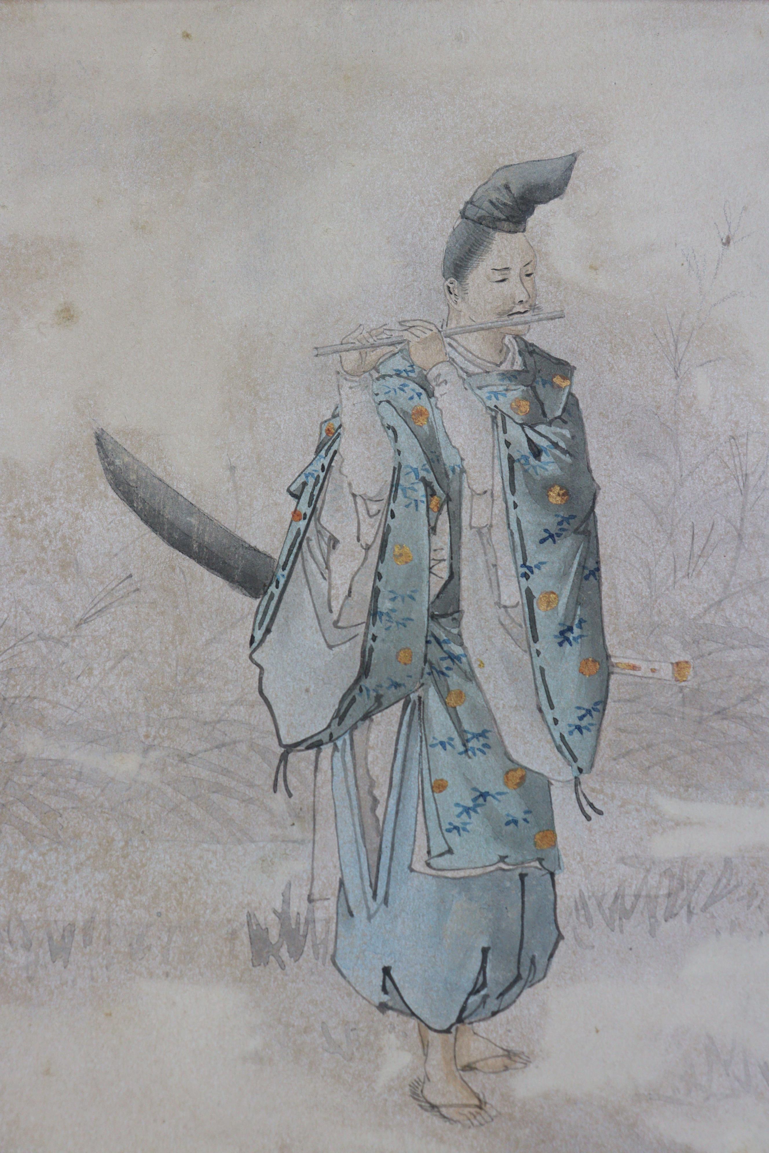 Manner of JOHN VARLEY, Jnr, a study of two Samurai, pen & watercolour heightened with gilt, - Image 5 of 8