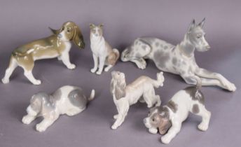 A Lladro porcelain model of a recumbent Great Dane, 30cm long x 16.5cm high; & five other Lladro mod