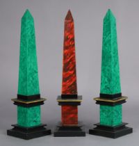 A pair of painted wooden simulated malachite obelisks, & another simulated tortoiseshell obelisk,