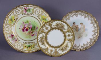 A Royal Doulton porcelain cabinet plate painted with pink & yellow orchids by E. Percy, with raised