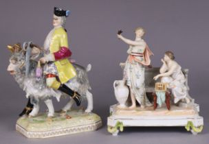 A Dresden porcelain figure of Count Bruhl’s tailor riding his goat, on rectangular base with canted