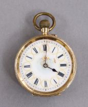 A late 19th/early 20th century continental fob watch with enamel dial, in engraved yellow metal