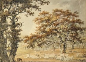 ENGLISH SCHOOL, late 18th/early 19th century. A parkland scene with sheep under an ancient oak tree,