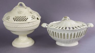 A late 18th century English creamware oval chestnut basket & cover with pierced & moulded