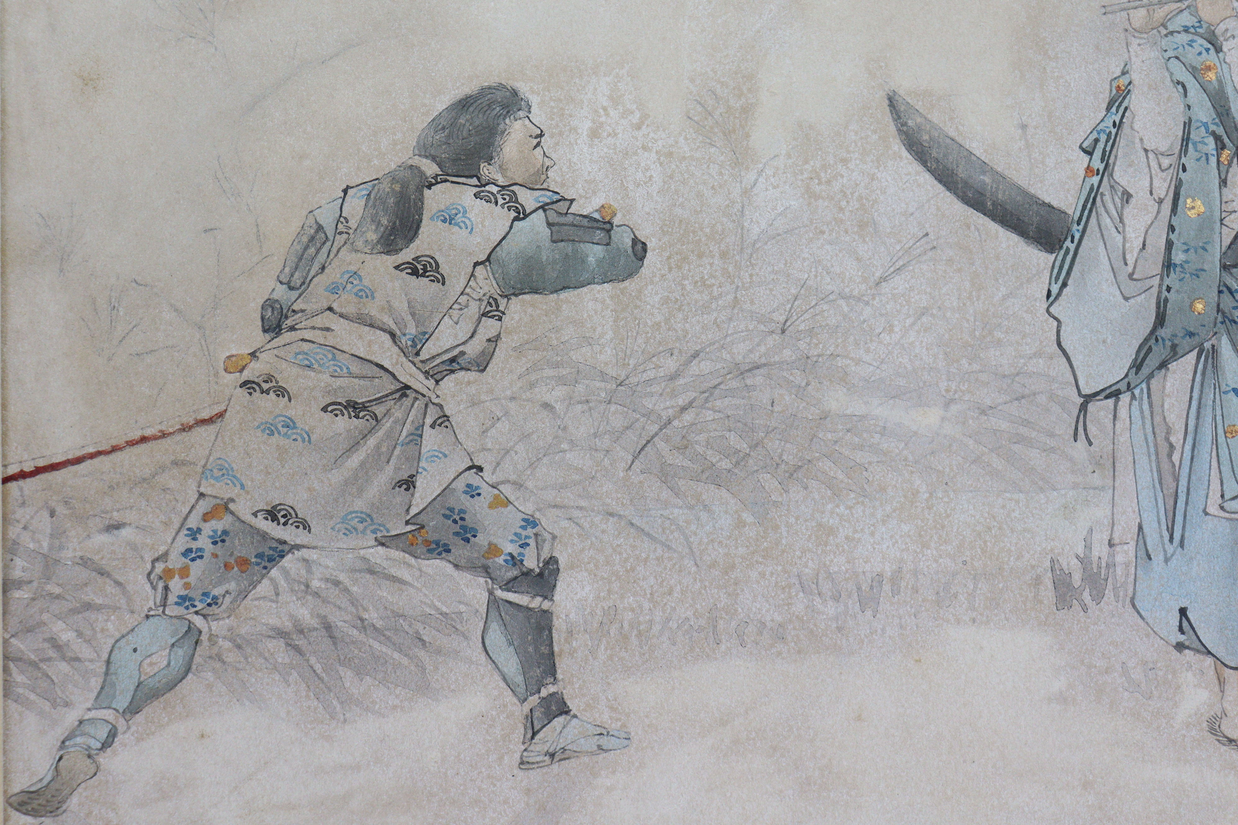 Manner of JOHN VARLEY, Jnr, a study of two Samurai, pen & watercolour heightened with gilt, - Image 6 of 8
