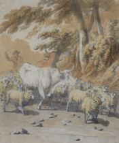 ROBERT HILLS (1769-1844). A drover & flock on a country path. Pencil & watercolour: 28.5cm x 23.5cm,