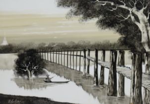 KOKO AUNG (Mayanmar, Contemporary) A monochrome knife painting of a river landscape signed &